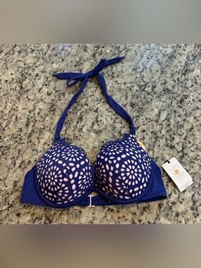 Shade & Shore blue and pink floral cut out push up halter bikini top